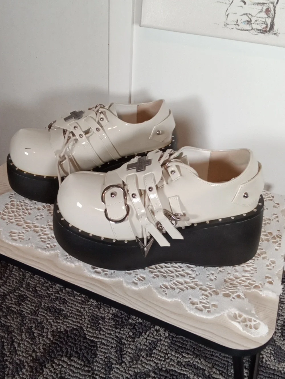 Gururu Gothic Platform Oxfords Glossy Triple Buckles Punk Emo Womens